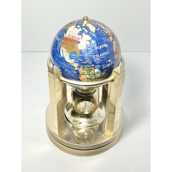 Alexander Kalifano 3-Timepieces Thermometer Rotating Gemstone Brass Globe 8.75” - Picture 3 of 9